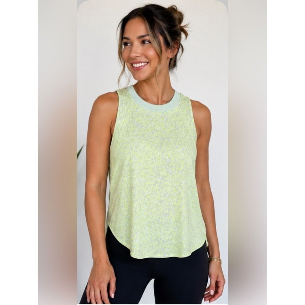 Athleta Tank Top Womens S Lime Green Leopard Print High Low Hem Gym Yoga Workout